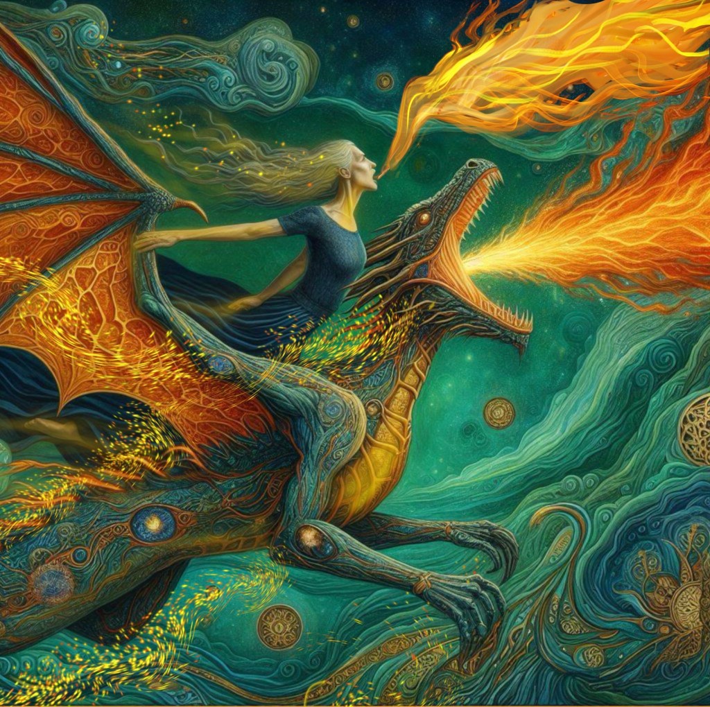 Diane's AI created image of a woman riding a dragon.
